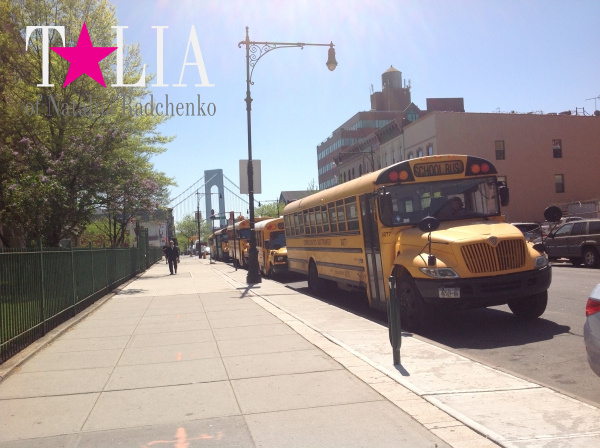 Школьные автобусы готовы развозить детей по домам. Школа PS/IS 104 Форт Гамильтон, Бей Ридж, Бруклин