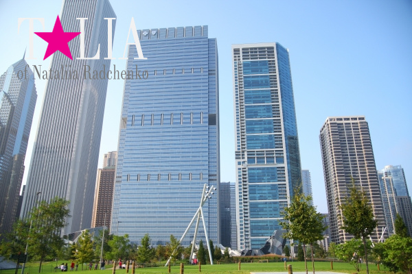 Вид с пешеходного моста BP Pedestrian Bridge, Миллениум парк в Чикаго