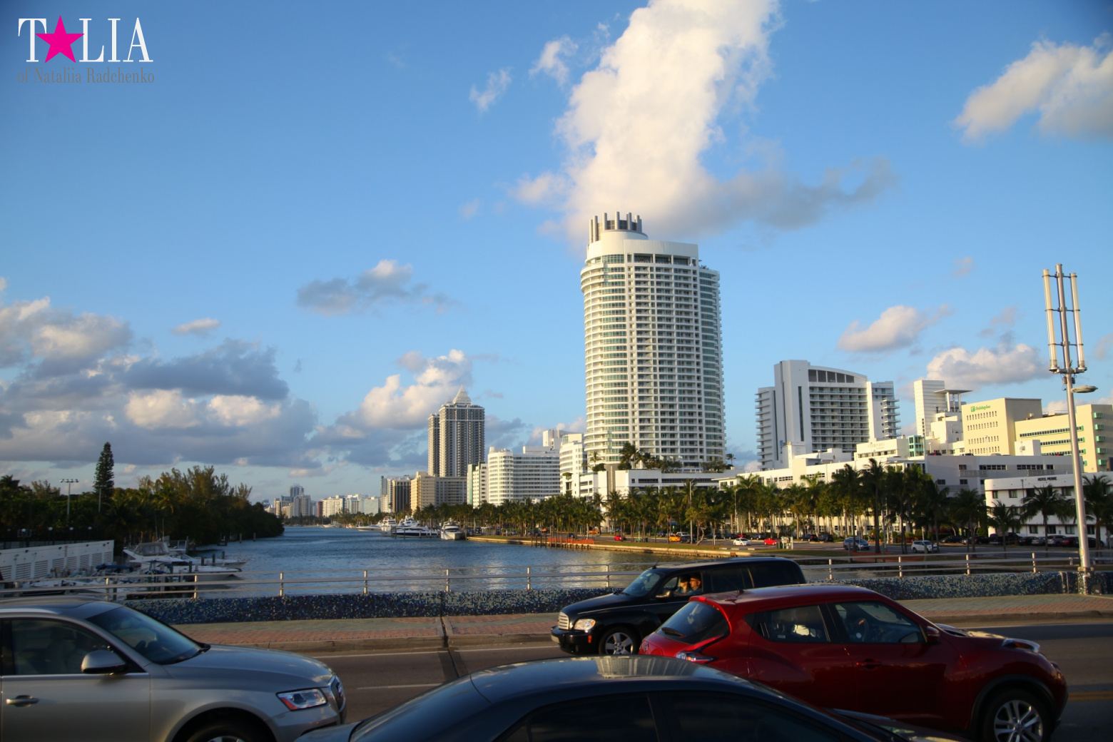 Yachts, Palms, Bay - The promenade of Middle Miami Beach, Collins Avenue
